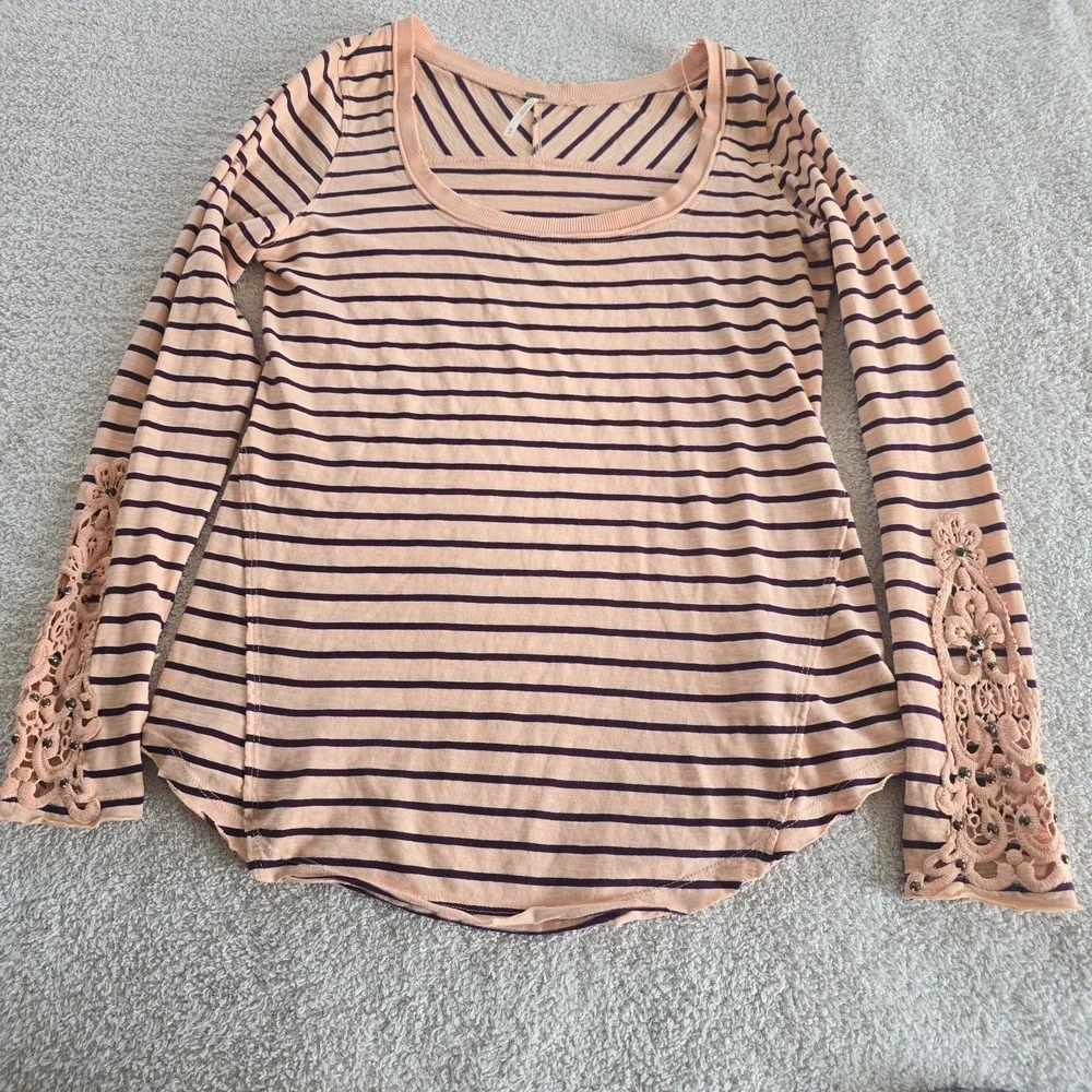 Free People Striped Long Sleeve Top Lace Crochet Sleeve Detail Size M Pink Boho